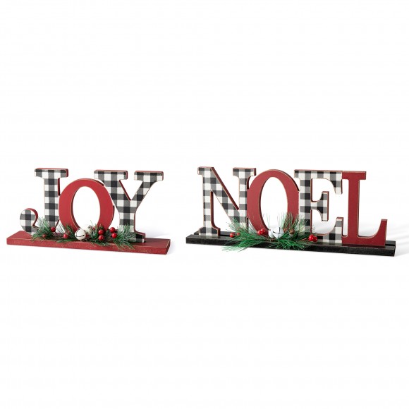 glitzhome Glitzhome Set of 2 Christmas Wooden Plaid JOY& NOEL Table Decor