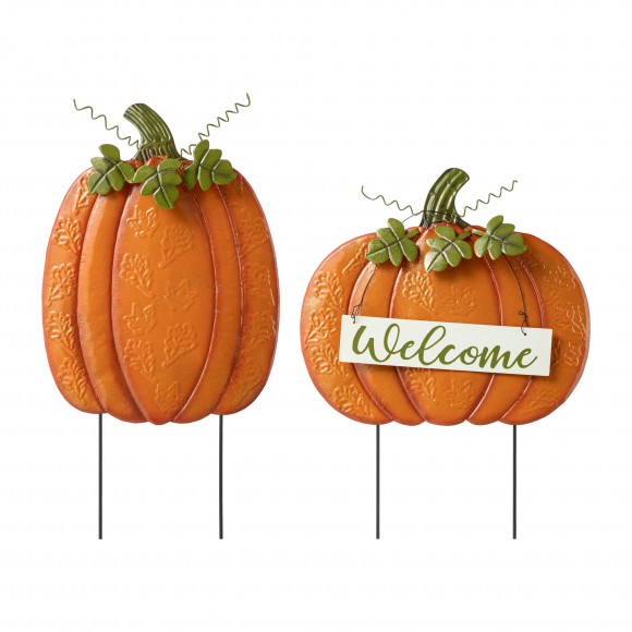 glitzhome Glitzhome Set of 2 Fall Metal Embossed Glitter Pumpkin Yard Stake or Porch Decor (Two Function)