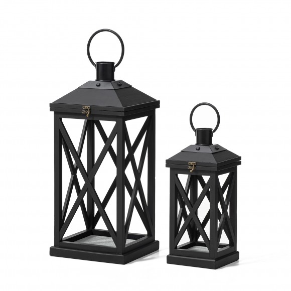 glitzhome Glitzhome Set of 2 Farmhouse Wood/Metal Black Lanterns