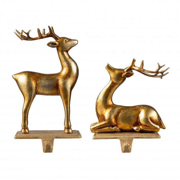 Glitzhome Glitzhome Set Of 2 Gold Resin Standing & Sitting Reindeer Stocking Holders