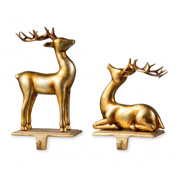 glitzhome Glitzhome Set of 2 Gold Resin Standing & Sitting Reindeer Stocking Holders