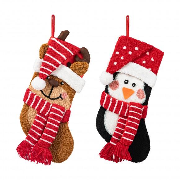 glitzhome Glitzhome Set of 2 Hooked Stocking Penguin & Reindeer