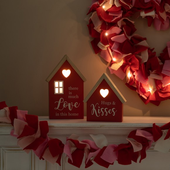 Glitzhome Glitzhome Set Of 2 Lighted Valentine's Wooden House-shaped Table Decor