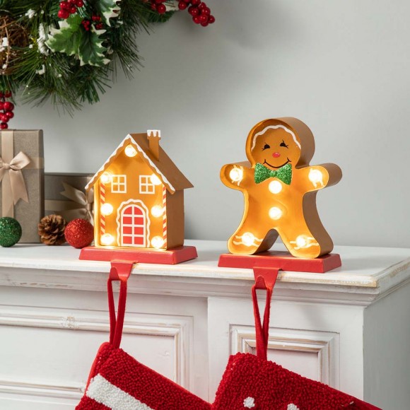 Glitzhome Glitzhome Set Of 2 Marquee LED Gingerbread House & Gingerbread Man Christmas Stocking Holder