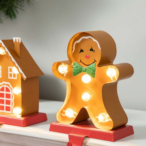 Glitzhome Glitzhome Set Of 2 Marquee LED Gingerbread House & Gingerbread Man Christmas Stocking Holder
