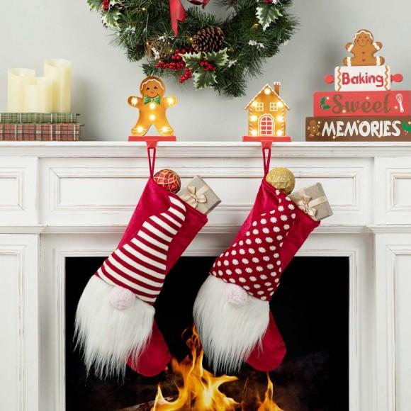 Glitzhome Glitzhome Set Of 2 Marquee LED Gingerbread House & Gingerbread Man Christmas Stocking Holder
