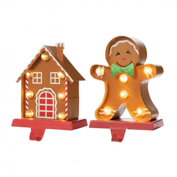 glitzhome Glitzhome Set of 2 Marquee LED Gingerbread House & Gingerbread Man Christmas Stocking Holder