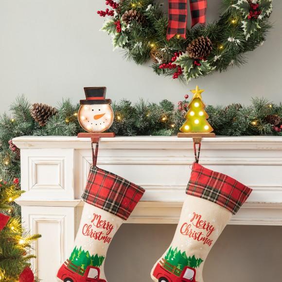 Glitzhome Glitzhome Set Of 2 Marquee LED Snowman Head & Tree Stocking Holder