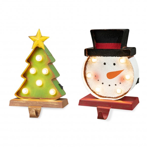 glitzhome Glitzhome Set of 2 Marquee LED Snowman Head & Tree Stocking Holder