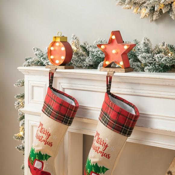 Glitzhome Glitzhome Set Of 2 Marquee LED Star & Wooden/Metal Gift Box Stocking Holder