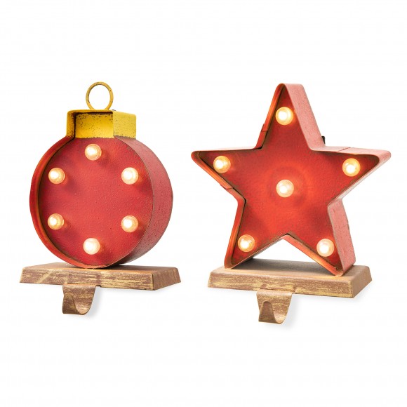 glitzhome Glitzhome Set of 2 Marquee LED Star & Wooden/Metal Gift box Stocking Holder