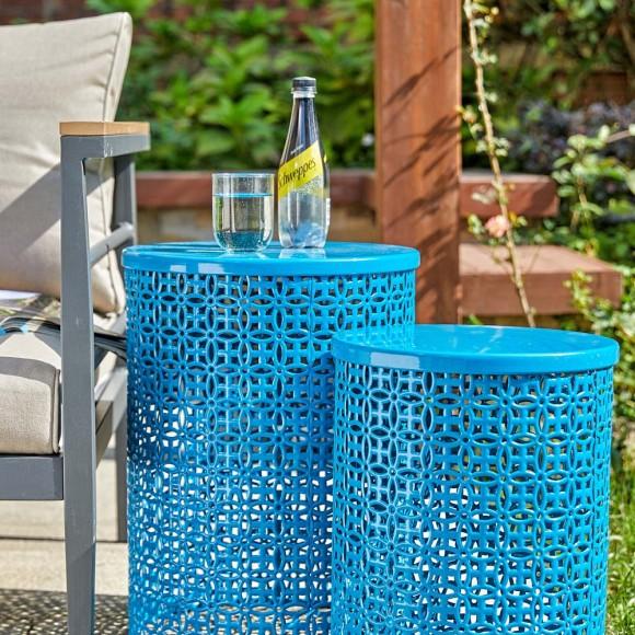 Glitzhome Glitzhome Set Of 2 Metal Blue Garden Stool Or Planter Stand Or Accent Table Or Side Table (Multi-functional)