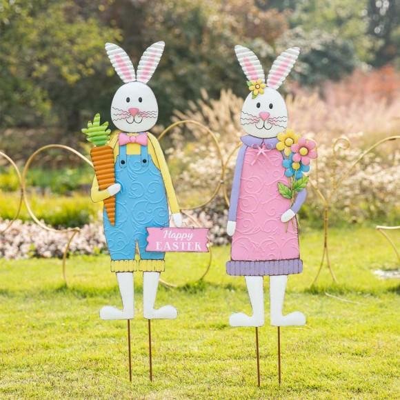 Glitzhome Glitzhome Set Of 2 Metal Bunny Boy And Girl Yard Stake Or Standing Décor Or Wall Décor (Three Functions)