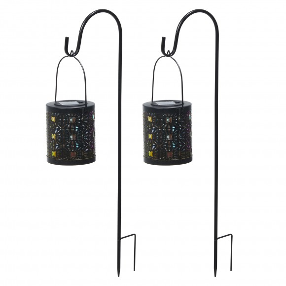 glitzhome Glitzhome Set of 2 Metal Cutout Pattern Solar Powered Lantern with LED Light Laser Plate and Stake Hook (KD)
