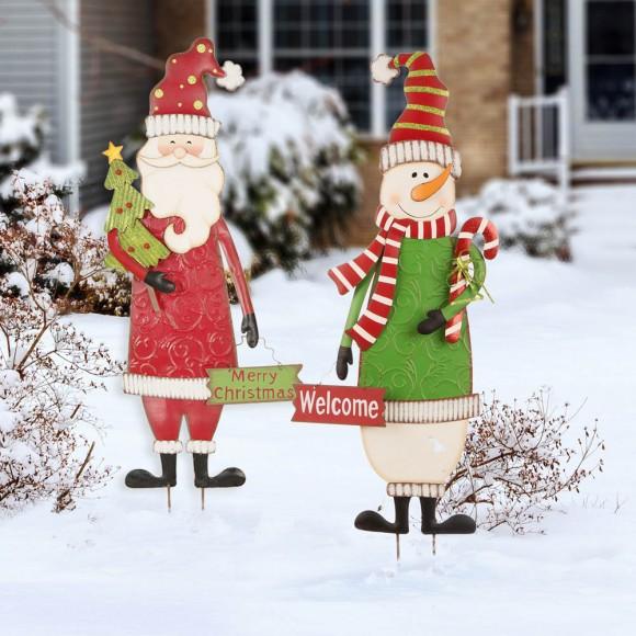 Glitzhome Glitzhome Set Of 2 Metal Snowman & Santa Yard Stake Or Standing Décor Or Wall Décor