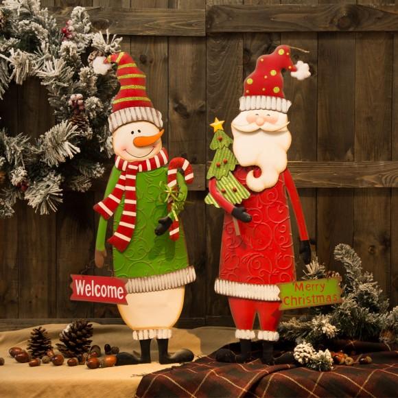 Glitzhome Glitzhome Set Of 2 Metal Snowman & Santa Yard Stake Or Standing Décor Or Wall Décor