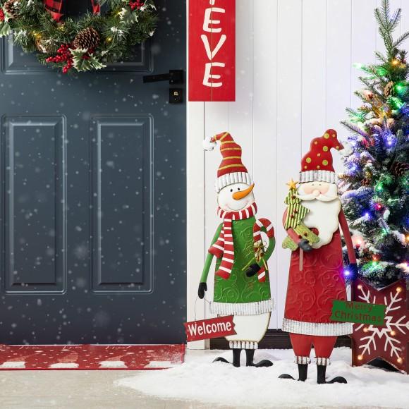 Glitzhome Glitzhome Set Of 2 Metal Snowman & Santa Yard Stake Or Standing Decor Or Wall Decor (KD Three Function)