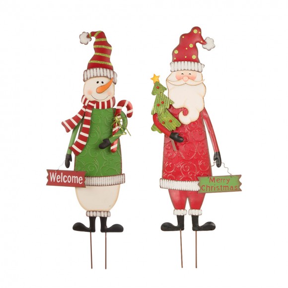 glitzhome Glitzhome Set of 2 Metal Snowman & Santa Yard Stake or Standing Décor or Wall Décor