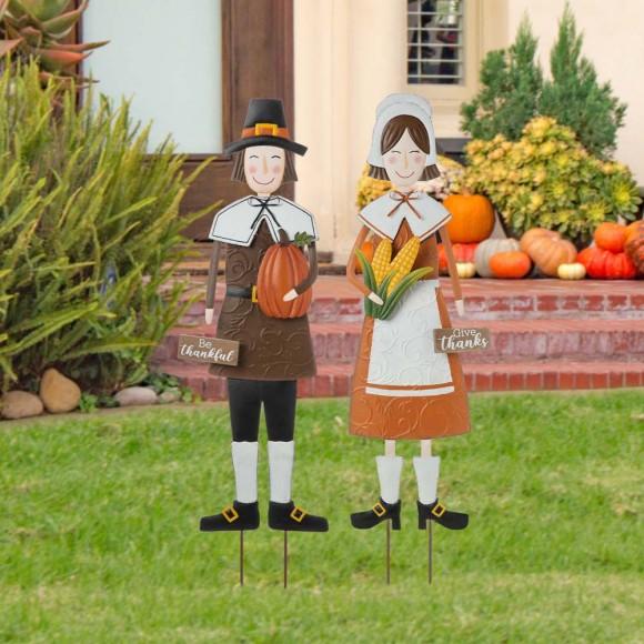 Glitzhome Glitzhome Set Of 2 Metal Thanksgiving Pilgrim Yard Stake Standing Decor Or Hanging Decor (Three Function)