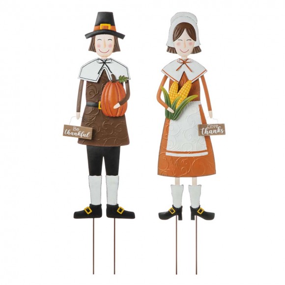 glitzhome Glitzhome Set of 2 Metal Thanksgiving Pilgrim Yard Stake Standing Decor or Hanging Decor (Three Function)