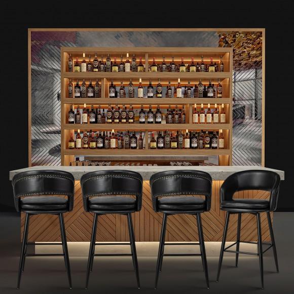 Glitzhome Glitzhome Set Of 2 Mid-Century Modern Black Leatherette Bar Stool With Nailhead Trim And Thick Metal Tapered Legs