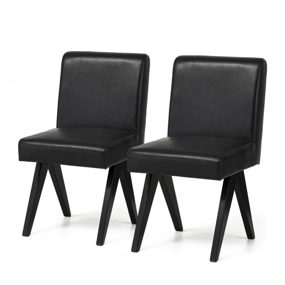 glitzhome Glitzhome Set of 2 Mid-Century Modern Black Leatherette Solid Back Dining Chair with V-shaped Solidwood Legs