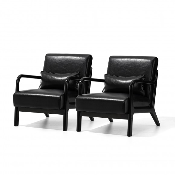 Glitzhome Glitzhome Set Of 2 Mid-century Modern Black Leatherette Accent Armchair With Walnut Ruberwood Frame