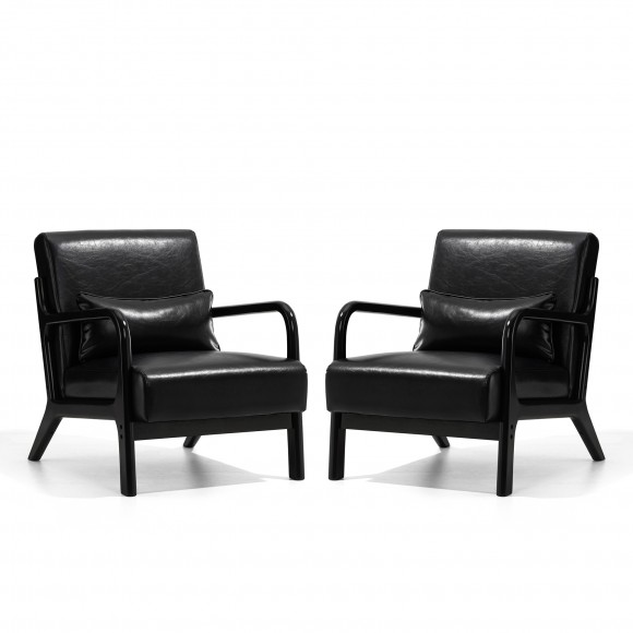 glitzhome Glitzhome Set of 2 Mid-century Modern Black Leatherette Accent Armchair with Walnut ruberwood frame