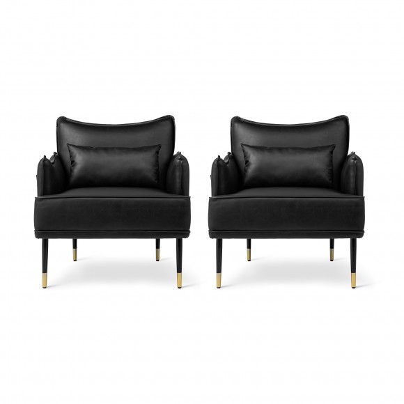 Glitzhome Glitzhome Set Of 2 Mid-Century Modern Black Leatherette Armchair With Gold Trimmed Metal Legs And Side Pocket