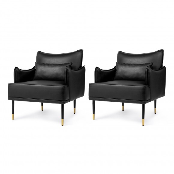 glitzhome Glitzhome Set of 2 Mid-Century Modern Black Leatherette Armchair With Gold Trimmed Metal Legs and Side Pocket