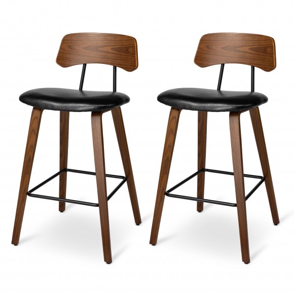 glitzhome Glitzhome Set of 2 Mid-Century Modern Black Leatherette Bar Stool with Walnut Bentwood Frame and Backrest