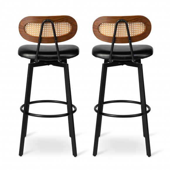 Glitzhome Glitzhome Set Of 2 Mid-Century Modern Black Leatherette Swivel Bar Stool With Black Metal Frame And Walnut Faux Rattan Backrest