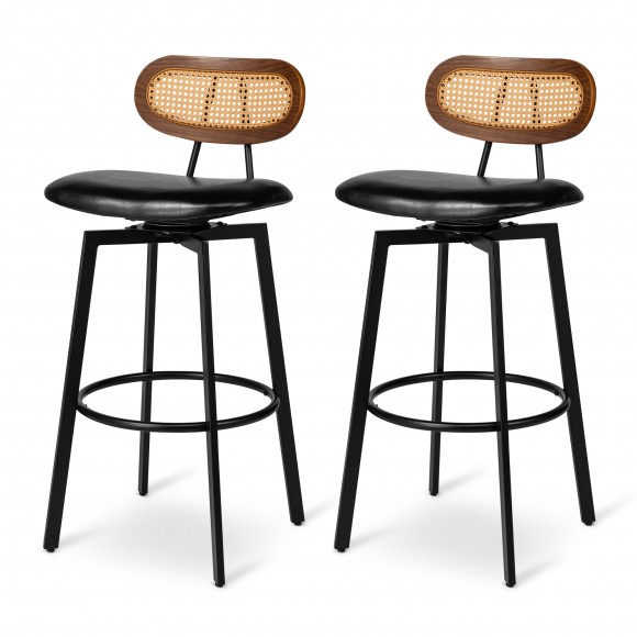 glitzhome Glitzhome Set of 2 Mid-Century Modern Black Leatherette Swivel Bar Stool with Black Metal Frame and Walnut Faux Rattan Backrest
