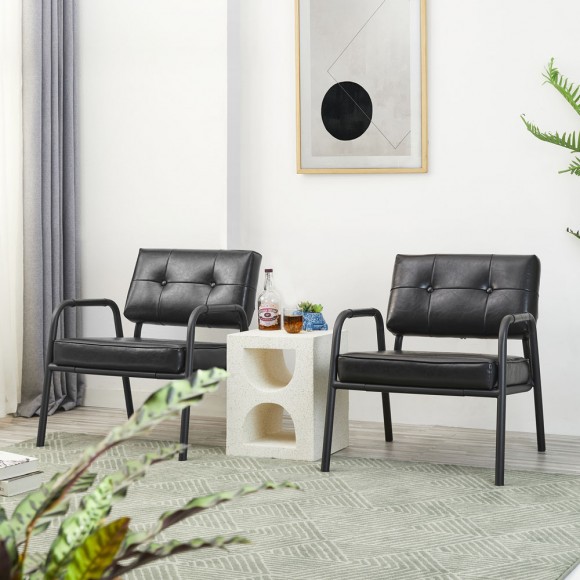 Glitzhome Glitzhome Set Of 2 Mid-Century Modern Black Leatherette Arm Accent Chair With Frosted Black Metal Frame