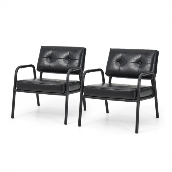 glitzhome Glitzhome Set of 2 Mid-Century Modern Black Leatherette Arm Accent Chair With Frosted Black Metal Frame