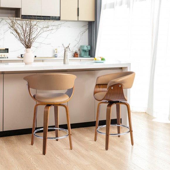 Glitzhome Glitzhome Set Of 2 Mid-century Modern Brown Leatherette Swivel Counter Stool With Walnut Bentwood Frame
