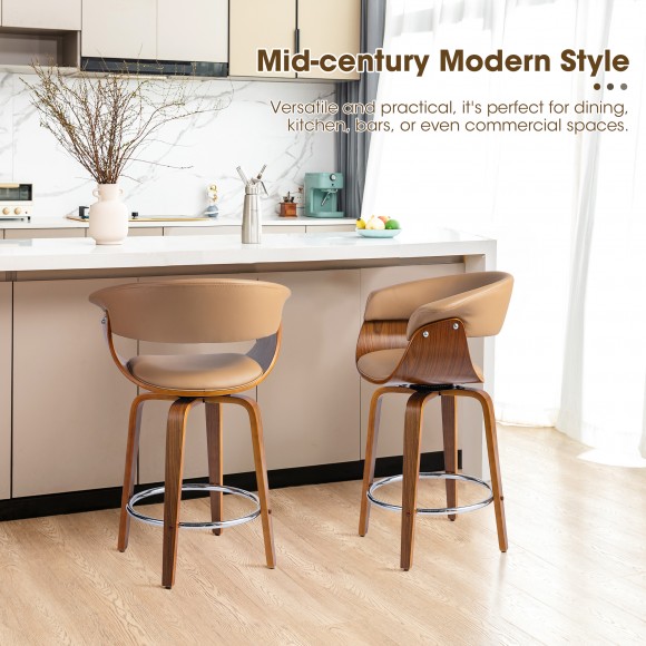 Glitzhome Glitzhome Set Of 2 Mid-century Modern Brown Leatherette Swivel Counter Stool With Walnut Bentwood Frame