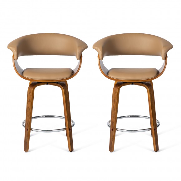 Glitzhome Glitzhome Set Of 2 Mid-century Modern Brown Leatherette Swivel Counter Stool With Walnut Bentwood Frame
