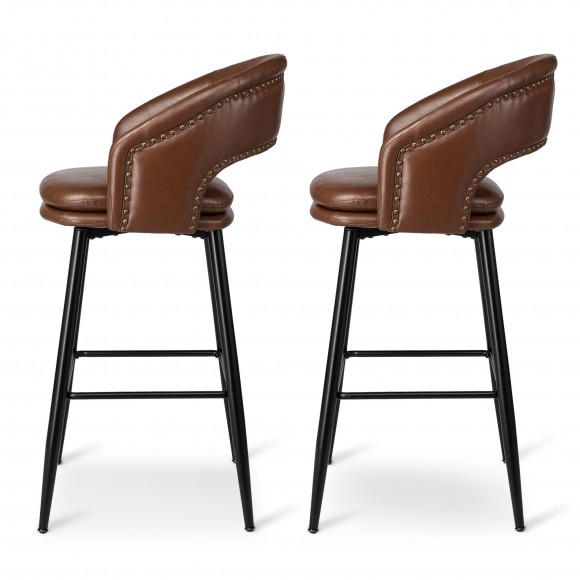 Glitzhome Glitzhome Set Of 2 Mid-Century Modern Brown Leatherette Bar Stool With Nailhead Trim And Thick Metal Tapered Legs