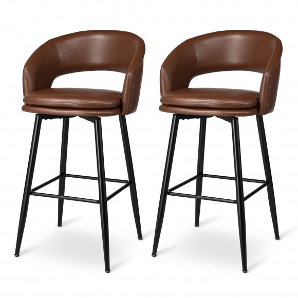 glitzhome Glitzhome Set of 2 Mid-Century Modern Brown Leatherette Bar Stool with Nailhead Trim and Thick Metal Tapered Legs