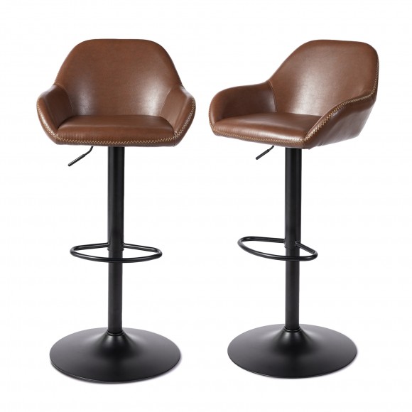 glitzhome Glitzhome Set of 2 Mid-Century Modern Brown Leatherette Gaslift Adjustable Swivel Bar Stool