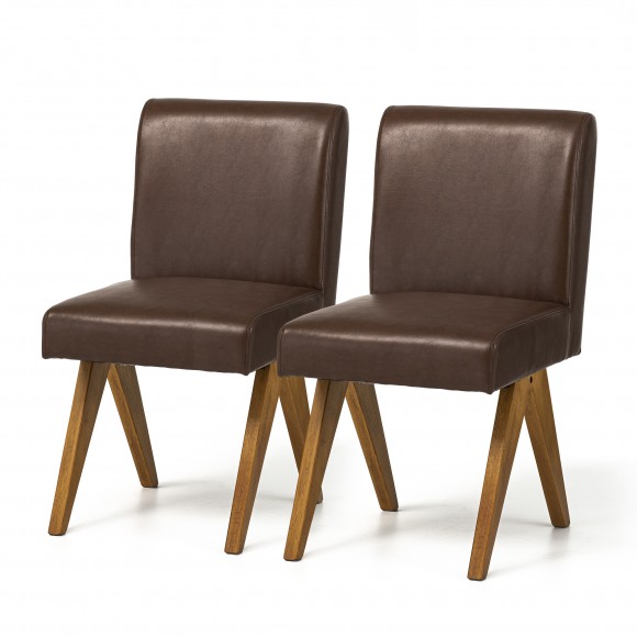 glitzhome Glitzhome Set of 2 Mid-Century Modern Brown Leatherette Solid Back Dining Chair with V-shaped Solidwood Legs