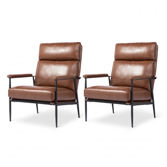 glitzhome Glitzhome Set of 2 Mid-Century Modern Brown Leatherette Armchair With High Back and Padded Arms