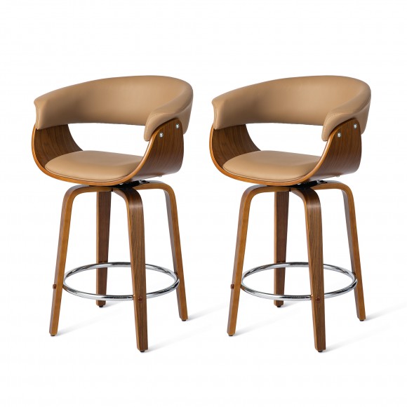 glitzhome Glitzhome Set of 2 Mid-century Modern Brown Leatherette Swivel Counter Stool with Walnut Bentwood Frame