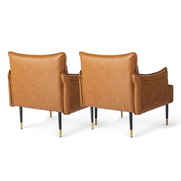 Glitzhome Glitzhome Set Of 2 Mid-Century Modern Camel Leatherette Armchair With Gold Trimmed Metal Legs And Side Pocket