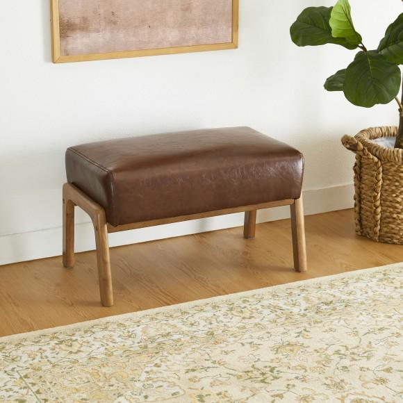 Glitzhome Glitzhome Set Of 2 Mid-century Modern Coffee Leatherette Accent Stool & Chair With Walnut Rubberwood Legs