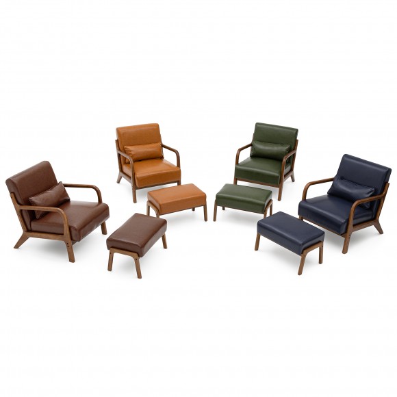 Glitzhome Glitzhome Set Of 2 Mid-century Modern Coffee Leatherette Accent Stool & Chair With Walnut Rubberwood Legs