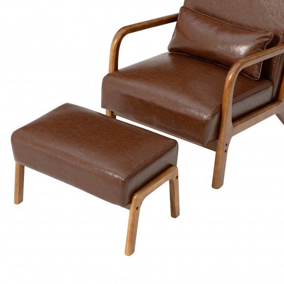 Glitzhome Glitzhome Set Of 2 Mid-century Modern Coffee Leatherette Accent Stool & Chair With Walnut Rubberwood Legs