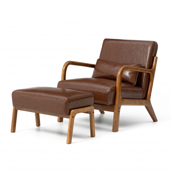 glitzhome Glitzhome Set of 2 Mid-century Modern Coffee Leatherette Accent Stool & Chair with Walnut Rubberwood Legs