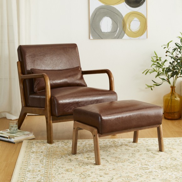Glitzhome Glitzhome Set Of 2 Mid-century Modern Coffee Leatherette Accent Stool With Walnut Rubberwood Legs